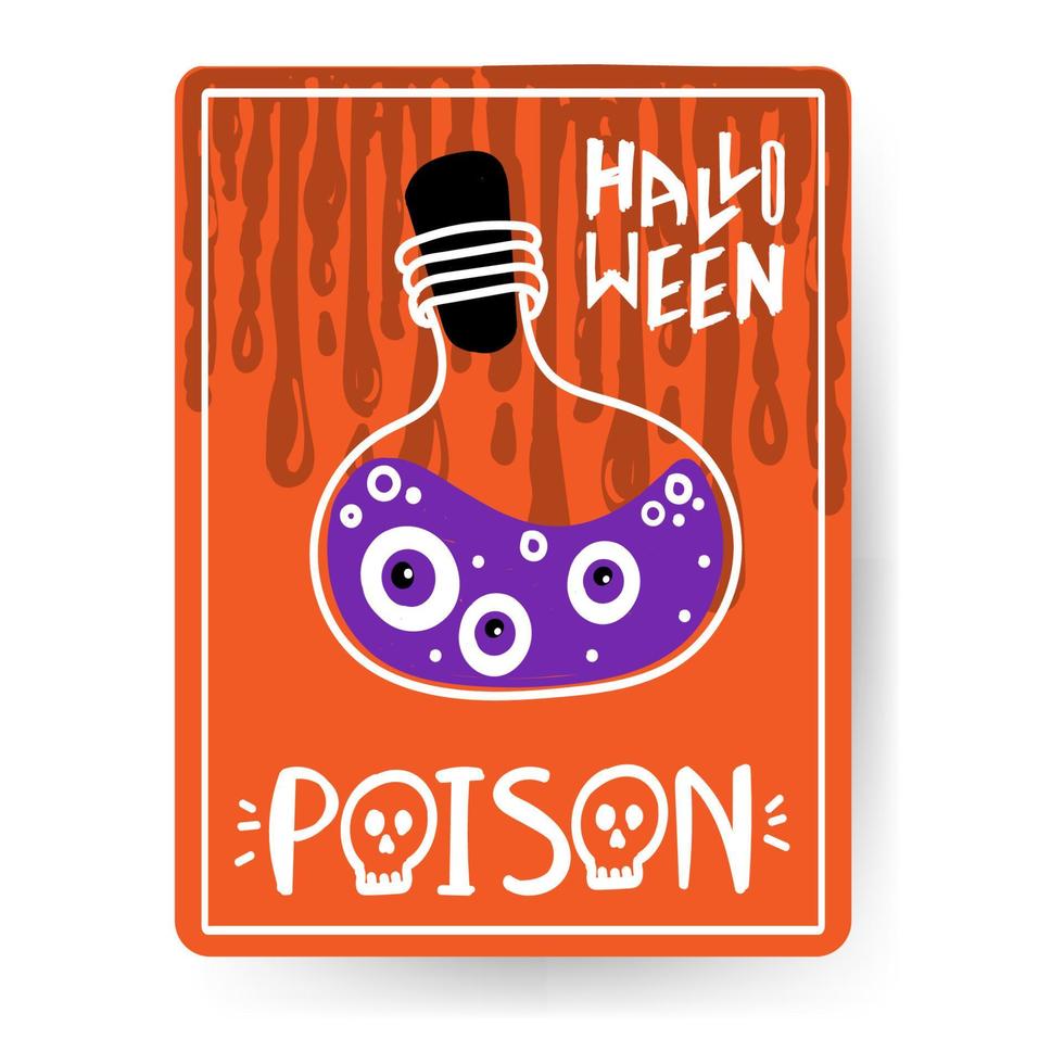 carte de voeux halloween avec texte manuscrit. bouteille de poison, liquide avec bulles, dessinée à la main dans un style plat. potion de sorcière. illustration sur fond orange avec des nuances sombres vecteur