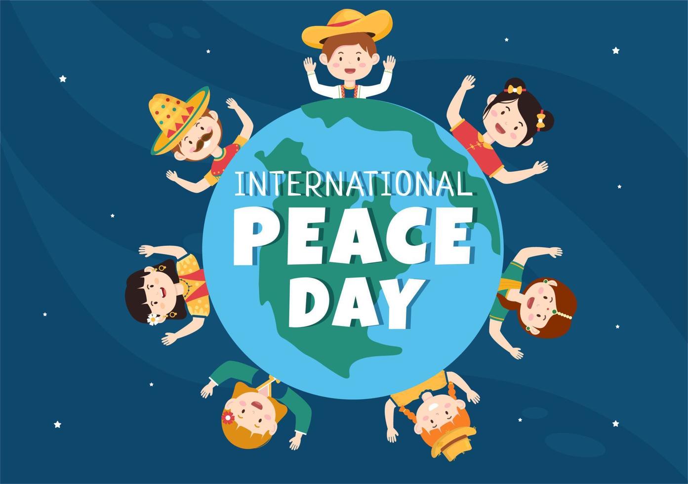 illustration de dessin animé de la journée internationale de la paix avec les mains, les enfants mignons, le globe et le ciel bleu pour créer la prospérité dans le monde dans un style plat vecteur