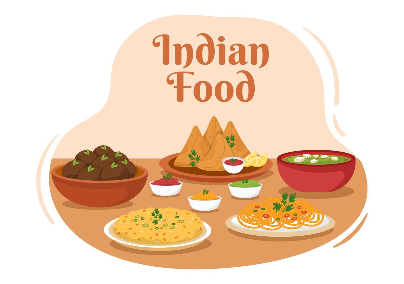 illustration de dessin animé de cuisine indienne avec diverses collections de délicieux plats de cuisine traditionnelle dans un style plat vecteur