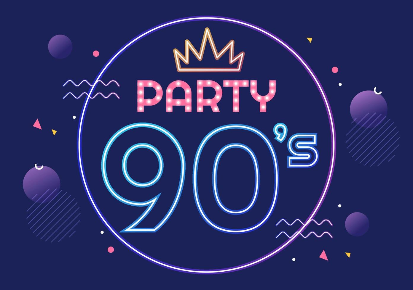 Illustration de fond de dessin animé de fête rétro des années 90 avec musique des années 90, baskets, radio, temps de danse et cassette de bande dans un style plat à la mode vecteur