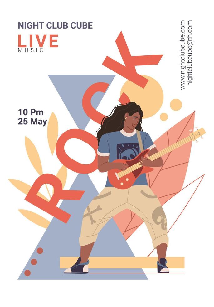 personnage plat de dessin animé de vecteur sur le festival de musique rock en direct joue de la guitare - histoires de bannière publicitaire web, dépliant de fête de boîte de nuit, festival de musique, affiche en plein air concept de publication de médias sociaux sur fond abstrait