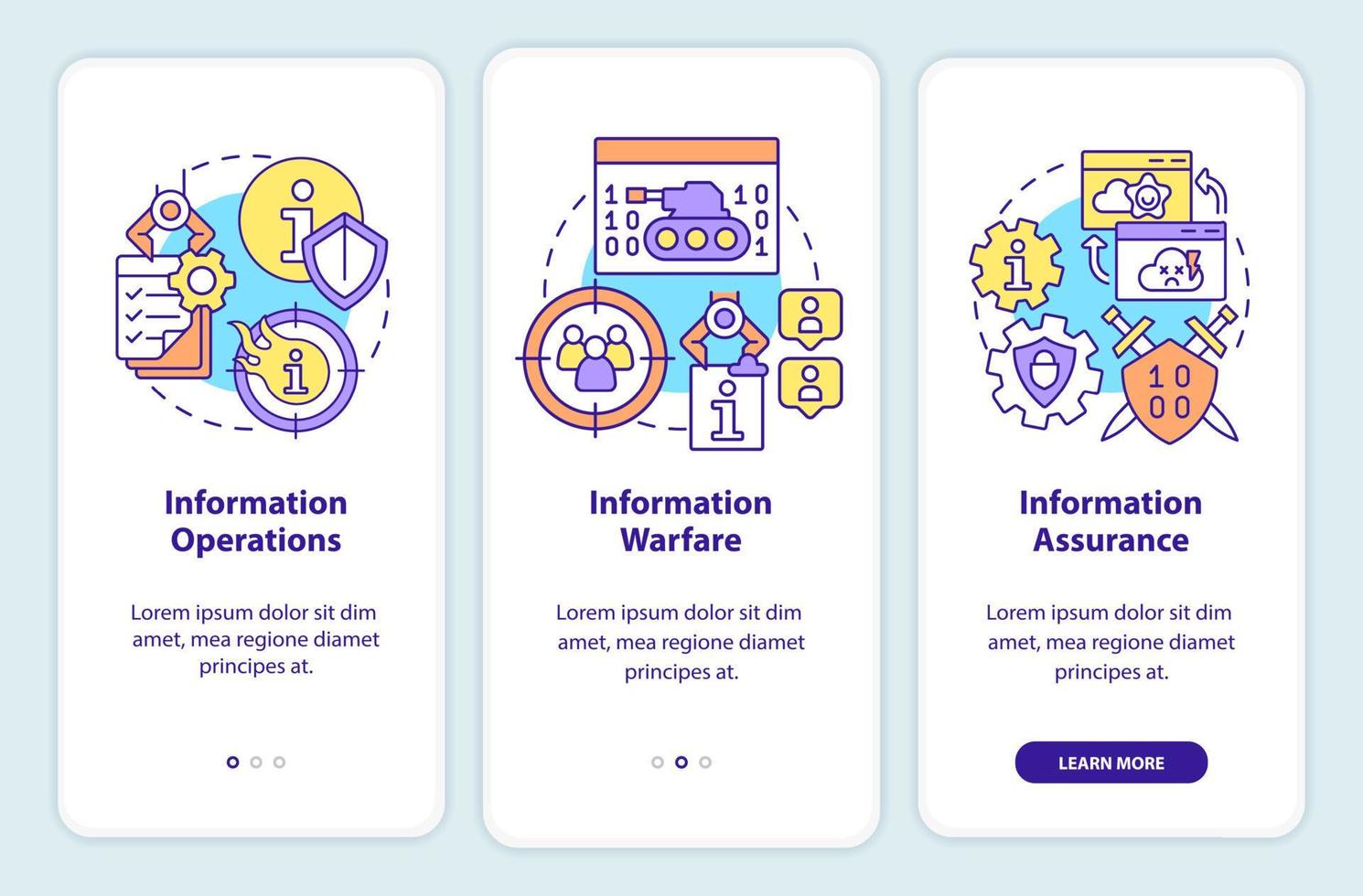 écran d'application mobile d'intégration des définitions de base. Procédure pas à pas de guerre de l'information pages d'instructions graphiques en 3 étapes avec des concepts linéaires. ui, ux, modèle d'interface graphique. vecteur