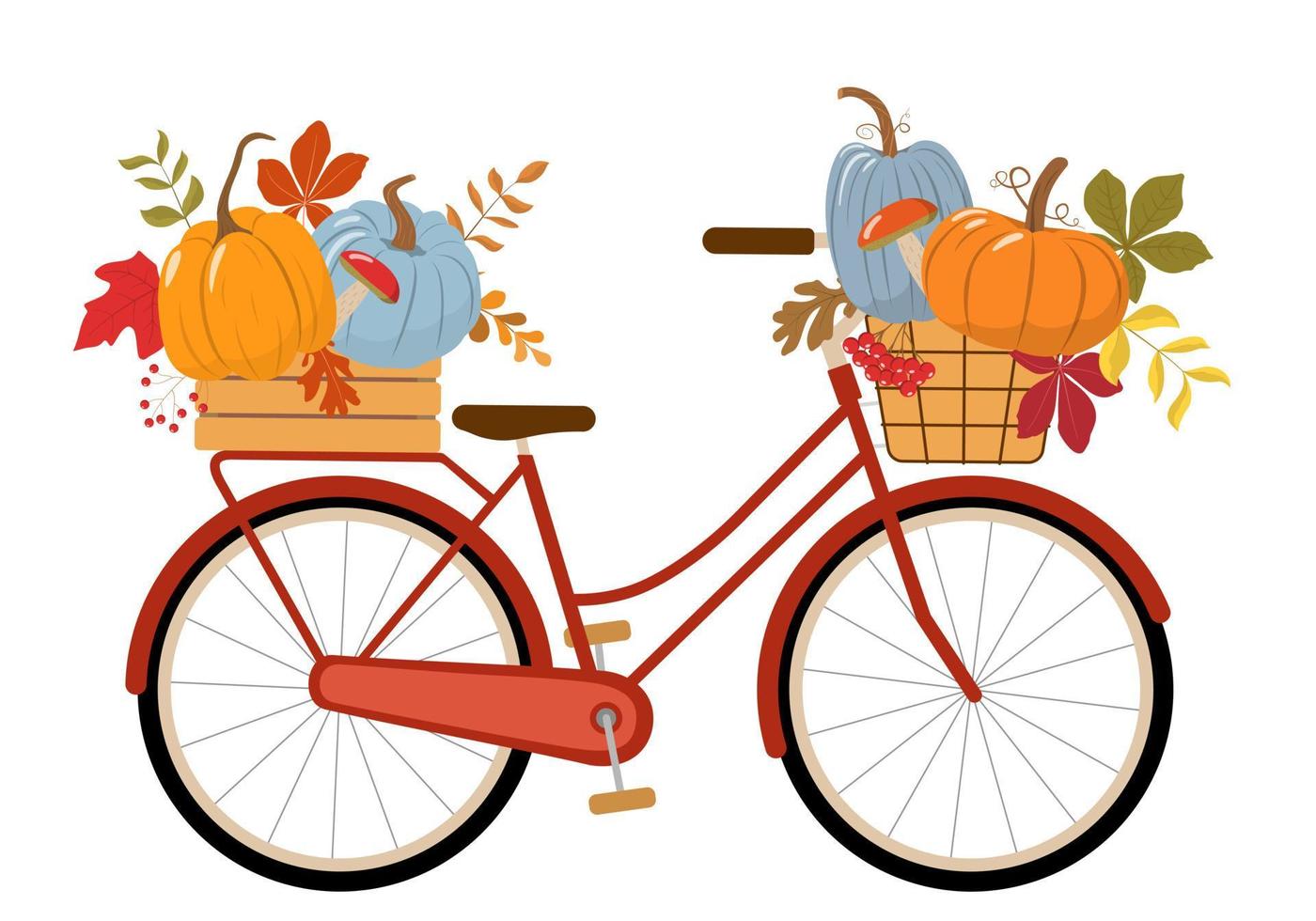joli vélo rouge vintage, caisse en bois et panier avec citrouilles, feuilles d'automne colorées, baies de rowan, champignons forestiers. isolé sur fond blanc. illustration vectorielle. vecteur