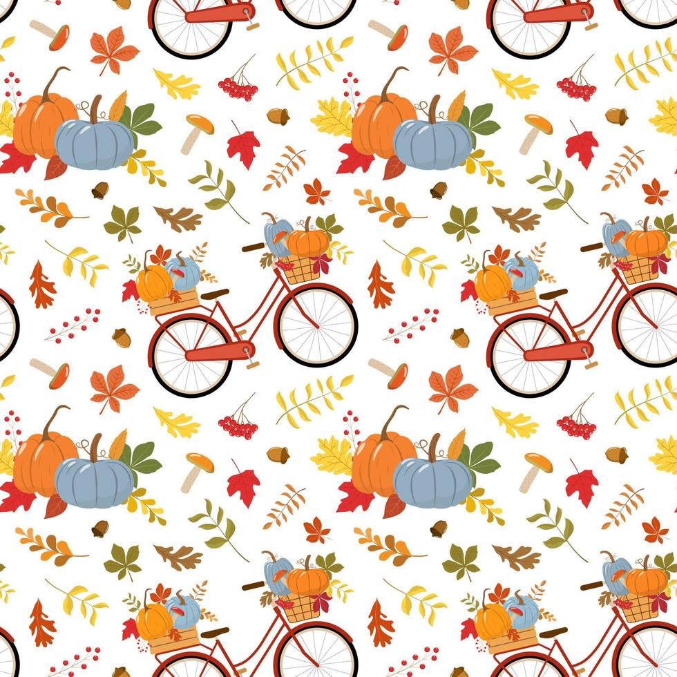 vélo rouge vintage avec citrouilles d'automne, feuilles d'automne colorées, baies rouges et champignons forestiers. isolé sur fond blanc. illustration vectorielle. vecteur