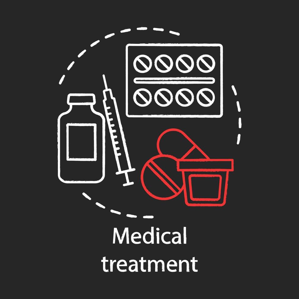 icône de craie de concept de traitement médical. idée de médicaments. aide aux malades. pilules, sirop, injections. ordonnance de médicament. thérapie. illustration de tableau isolé de vecteur