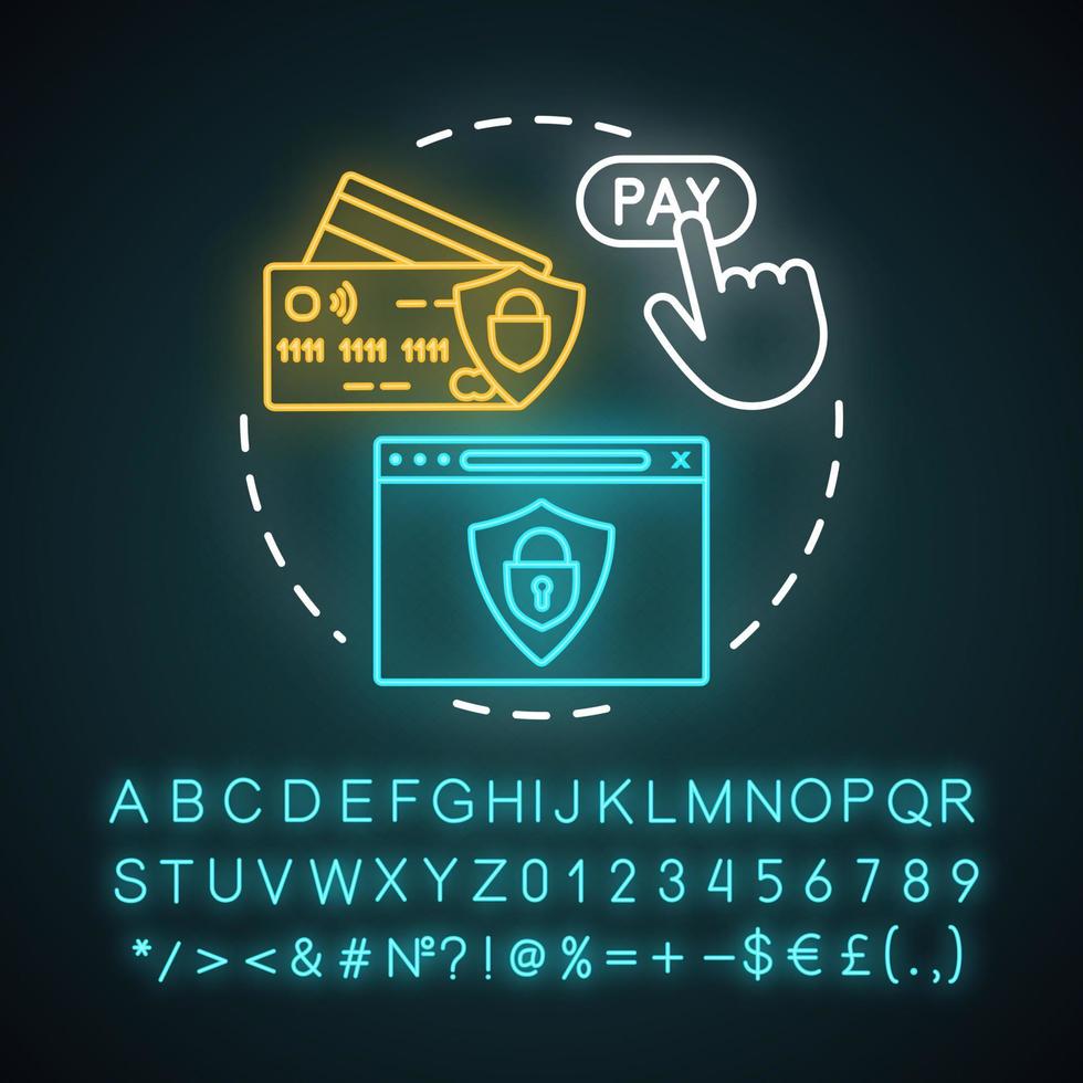 icône de concept de lumière néon de sécurité de paiement. transaction d'argent en toute sécurité. services bancaires en ligne. financer l'assurance. idée d'investissement numérique. alphabet, chiffres et symboles lumineux. illustration vectorielle isolée vecteur