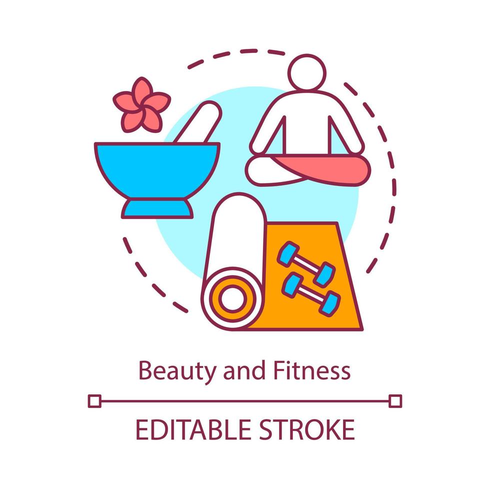 icône de concept de beauté et de remise en forme. mode de vie sain, illustration de fine ligne d'idée de cosmétiques naturels. entraînement de gym, entraînement, yoga, pratique de la méditation. dessin de contour isolé de vecteur. trait modifiable vecteur