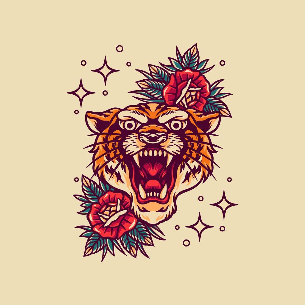 illustration rétro tigre et roses vecteur