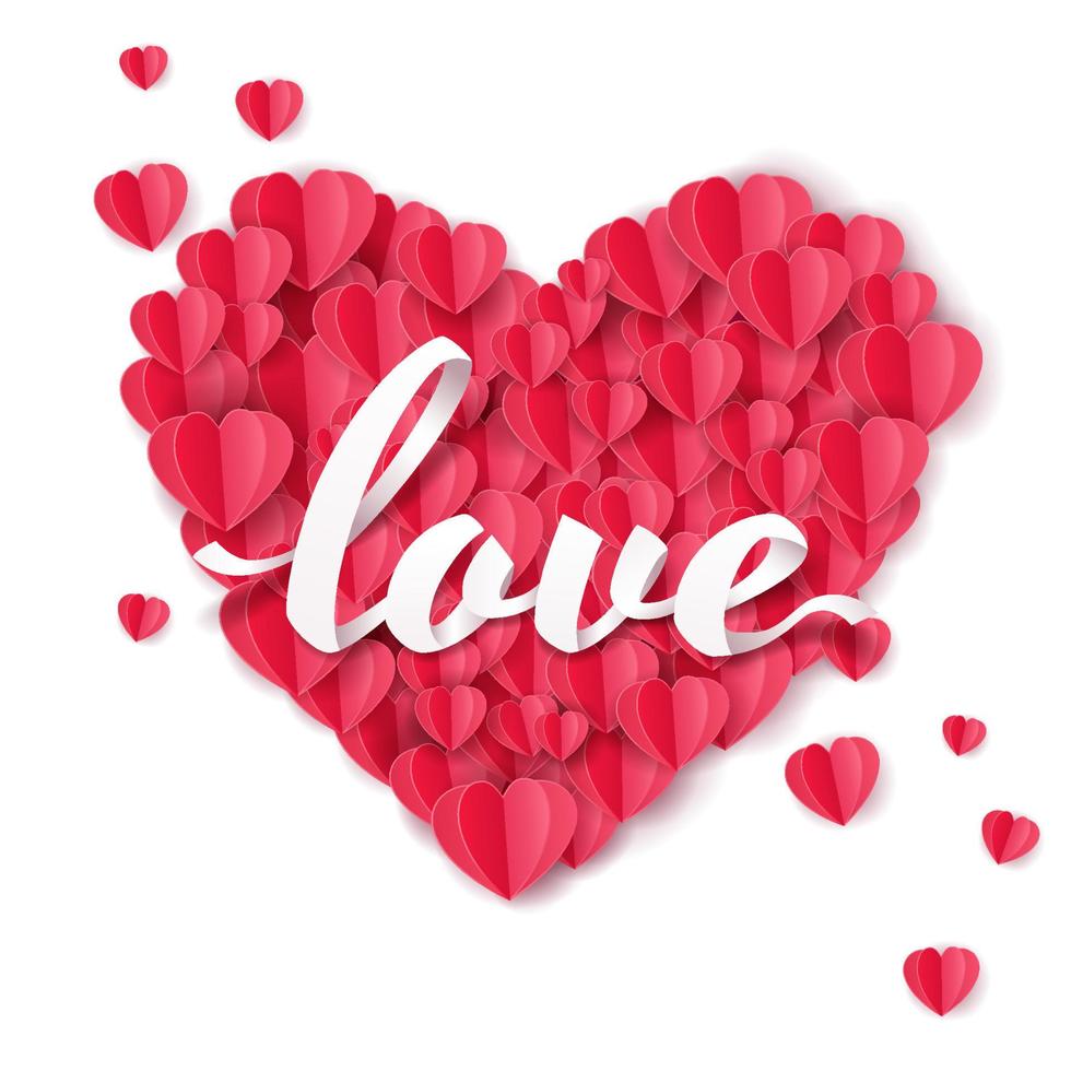 art papier de calligraphie blanche lettrage amour sur coeur rouge composé de beaucoup de coeurs en papier vecteur