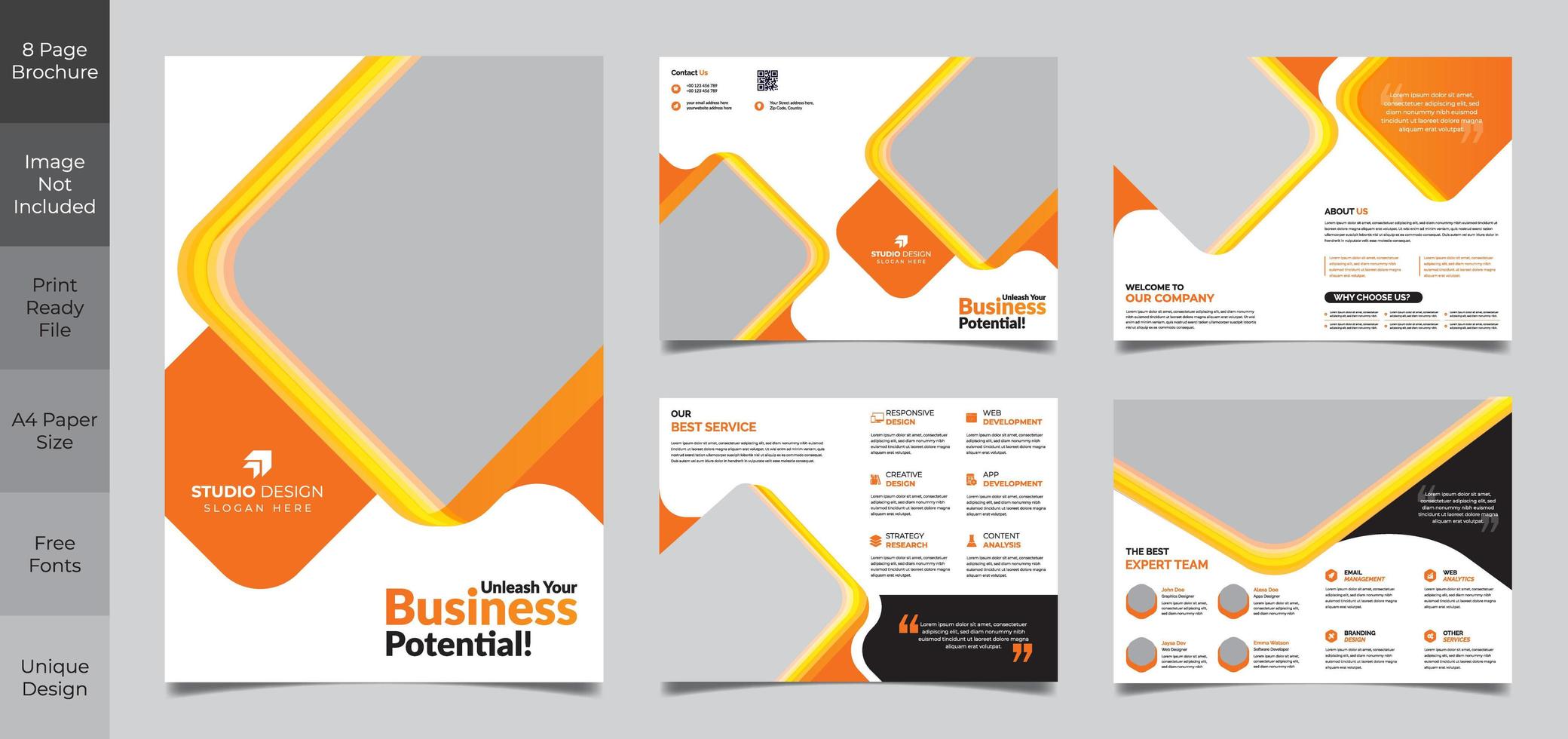 modèle de brochure d'entreprise orange jaune et blanc de 8 pages vecteur