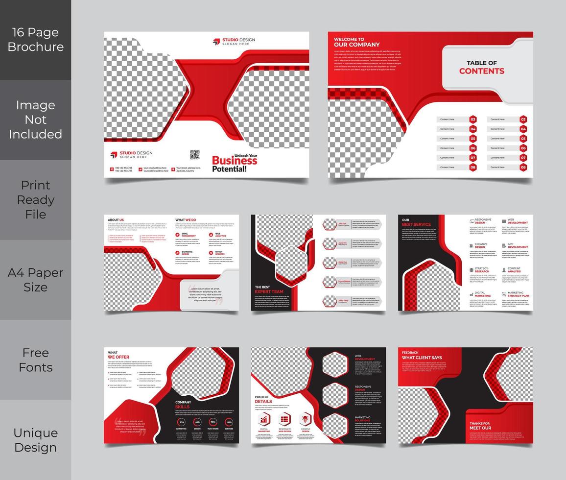 modèle de brochure d'entreprise de 16 pages rouge et noir vecteur