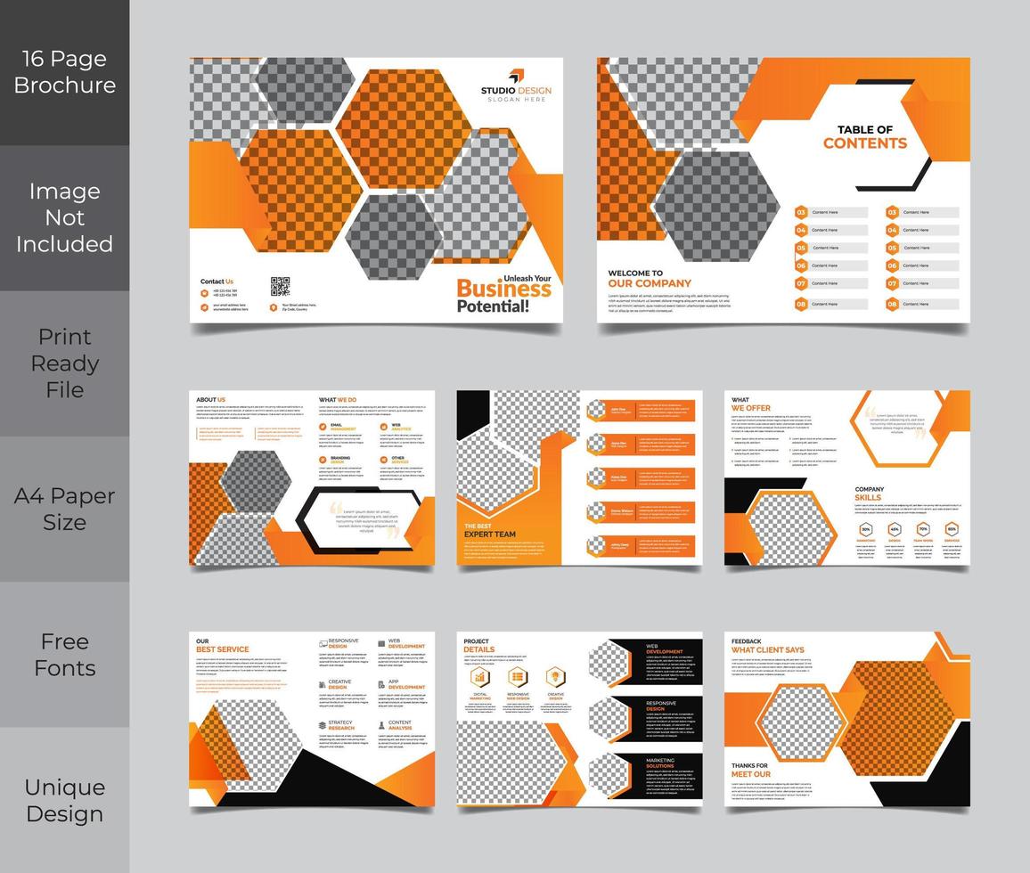 Conception de modèle de brochure d'entreprise orange et gris de 16 pages vecteur