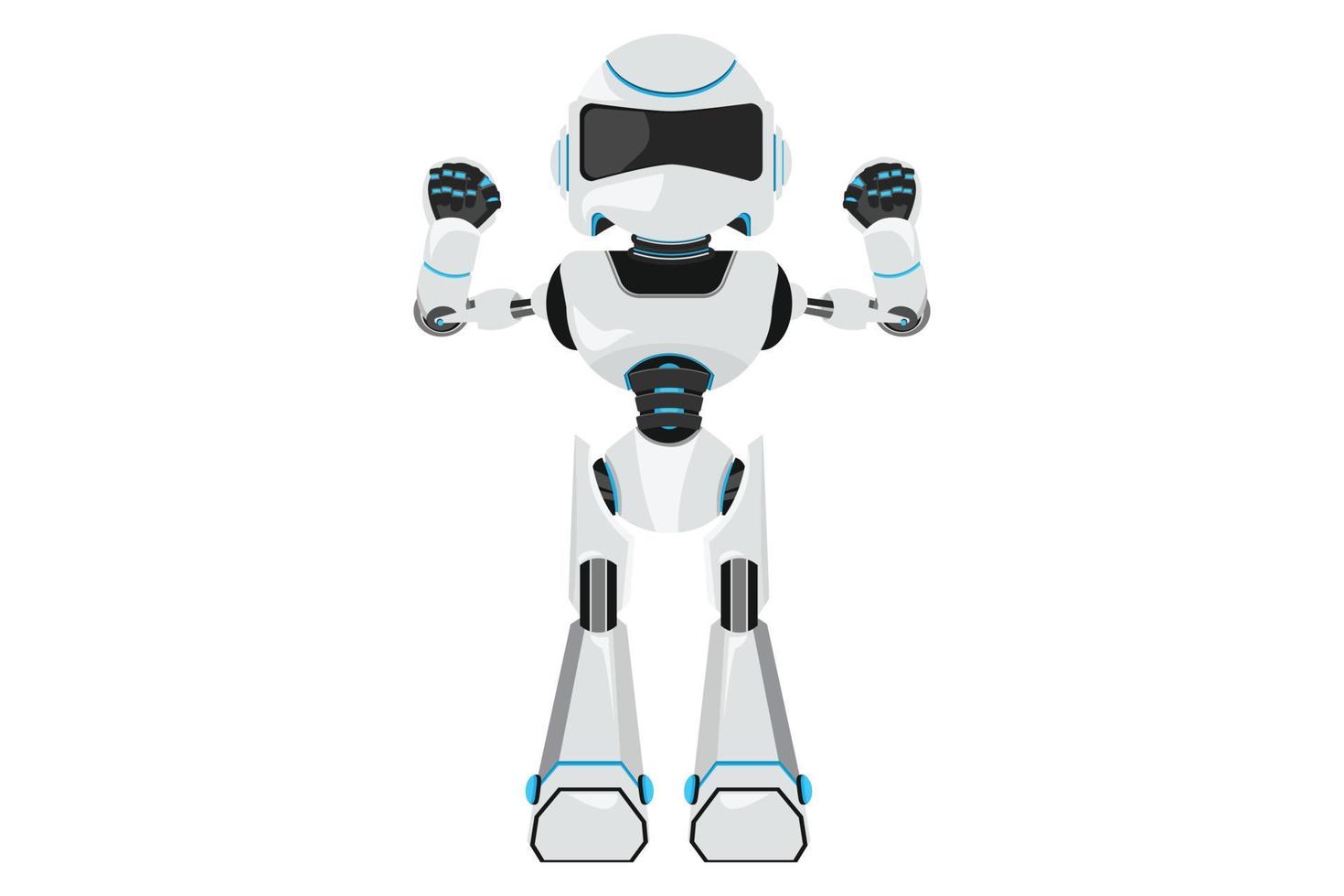le robot de dessin de conception d'entreprise se tient dans une pose forte. robot avec des gestes à deux mains vers le haut. organisme cybernétique robot humanoïde. futur développement technologique robotique. illustration vectorielle de style dessin animé plat vecteur