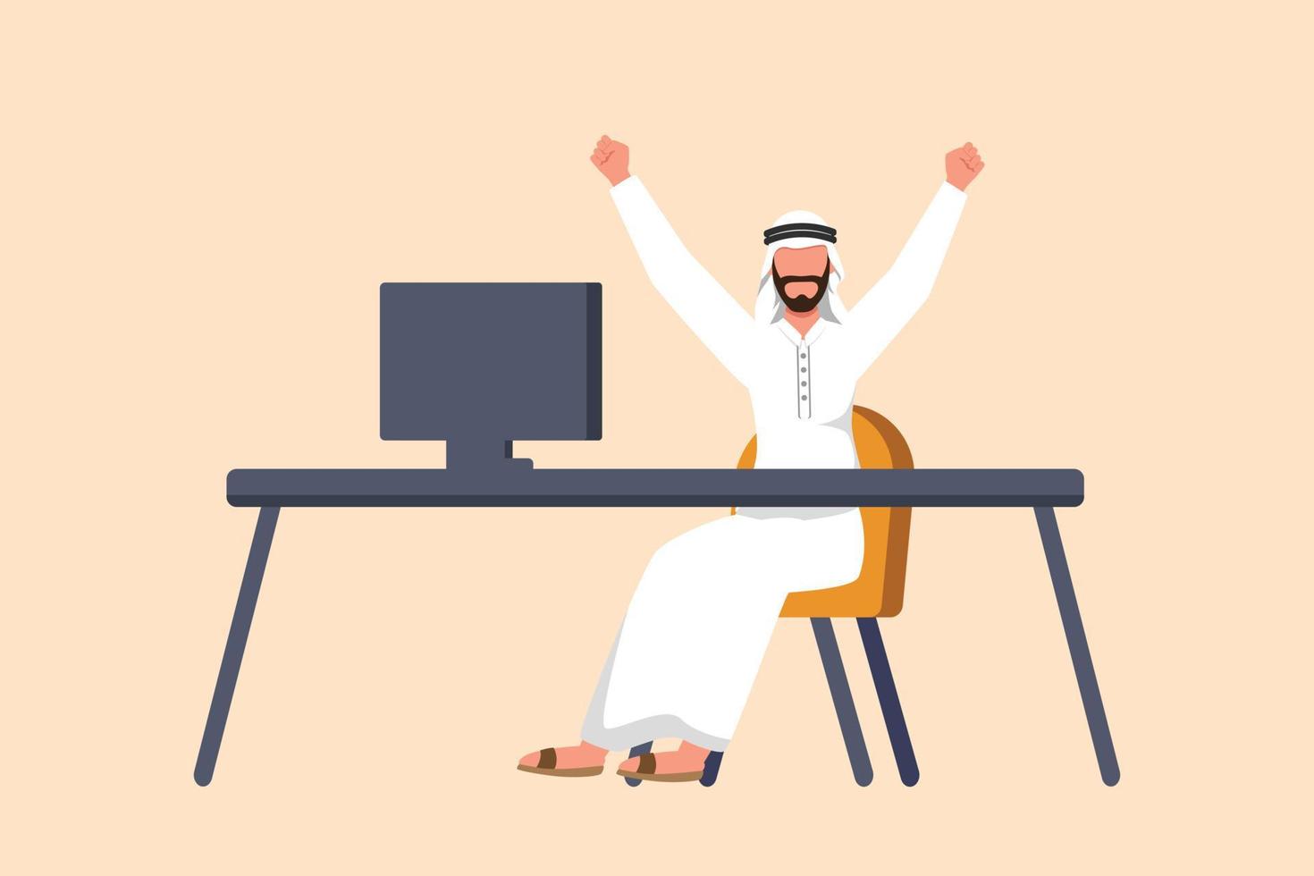 dessin de style dessin animé plat d'affaires homme d'affaires arabe heureux assis avec les mains levées près du bureau avec ordinateur. un employé de bureau célèbre le succès du projet d'entreprise. illustration vectorielle de conception graphique vecteur