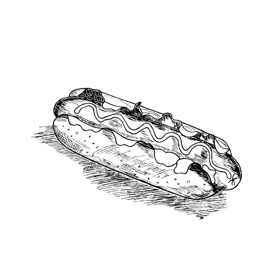restauration rapide de hot-dog, croquis d'illustration vectorielle dessinés à la main de hot-dog. style rétro vecteur