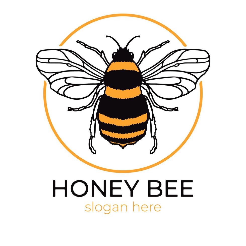 logo d'abeille à miel avec cercle de contour jaune et texte. conception d'illustration vectorielle de mascotte. logotype de concept pour l'emballage vecteur