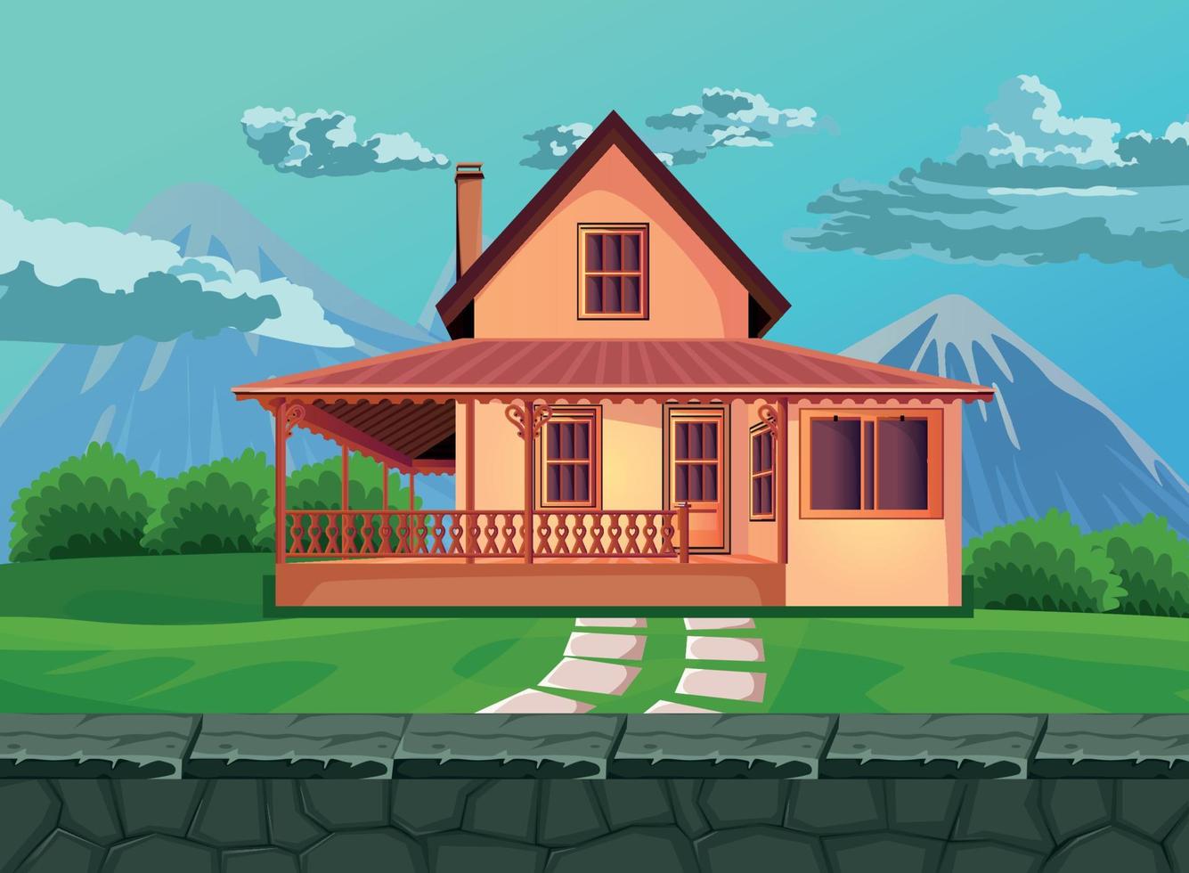 vecteur de dessin animé de fond de jeu, maison dans les bois