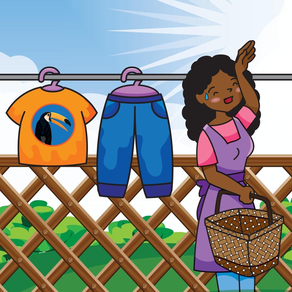 mère afro-américaine faisant la lessive en été à l'extérieur vecteur