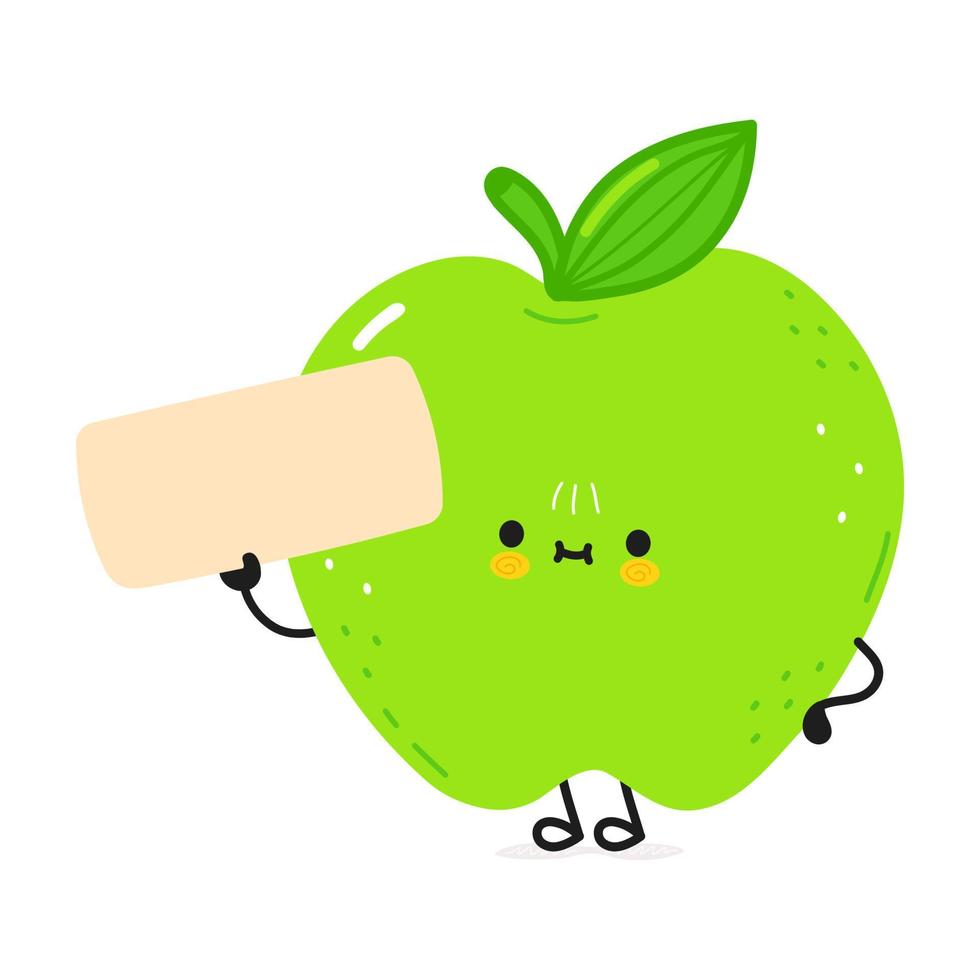 mignon personnage drôle de pomme verte avec affiche. icône d'illustration de personnage de dessin animé kawaii dessiné à la main de vecteur. isolé sur fond blanc. concept de personnage de pomme verte vecteur