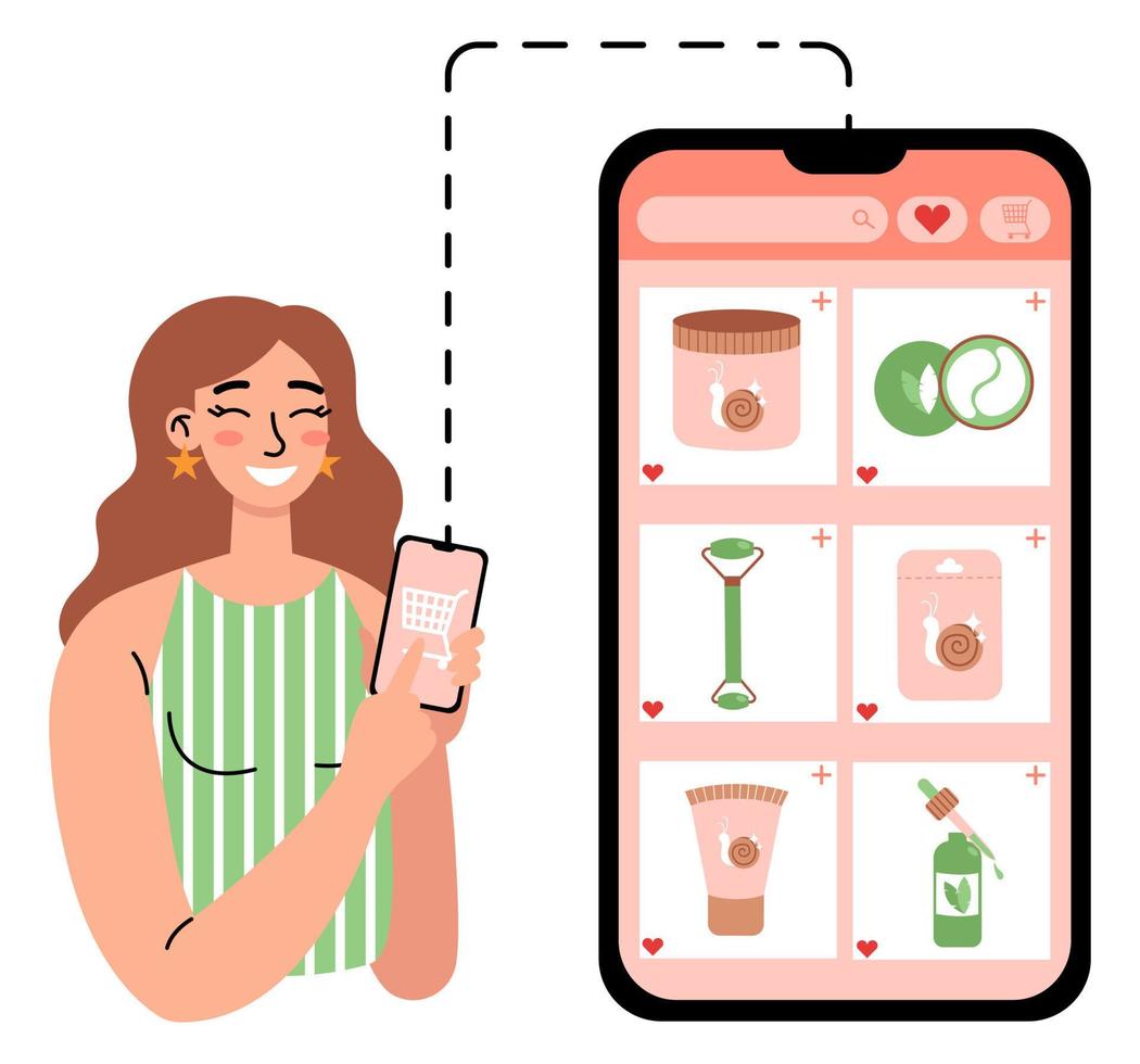 commande cosmétique en ligne. femme utilisant l'application et faisant des achats en ligne avec le téléphone. achats à domicile. illustration vectorielle plane sur fond blanc. vecteur