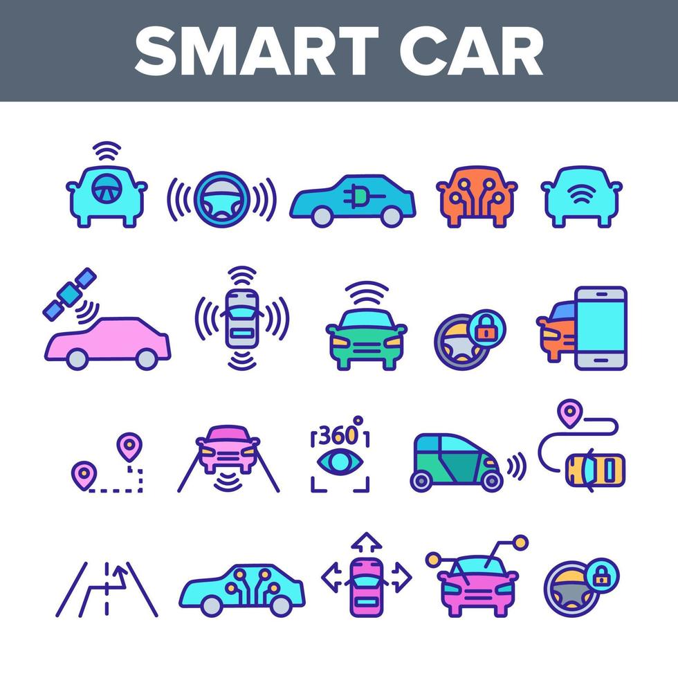 vecteur de jeu d'icônes d'éléments de voiture intelligente couleur