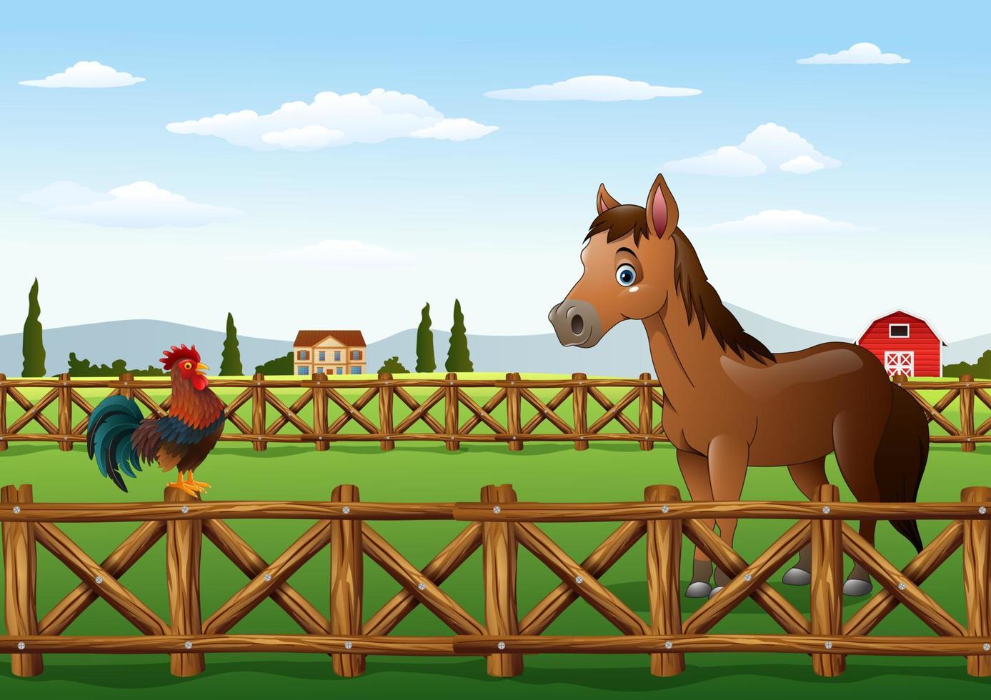 dessin animé coq et cheval avec fond de ferme vecteur