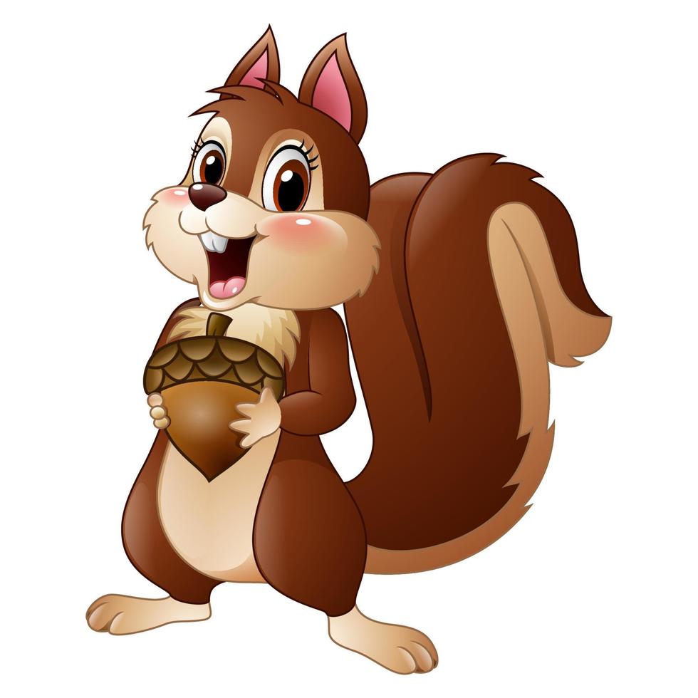 écureuil drôle de dessin animé tenant une pomme de pin vecteur