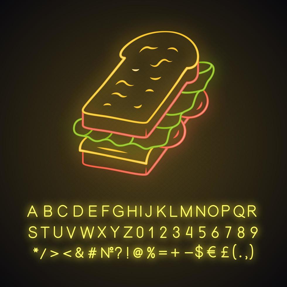 icône de néon sandwich. restauration rapide, petit-déjeuner, déjeuner scolaire. sandwich au jambon, fromage, salade et pain grillé. signe lumineux avec alphabet, chiffres et symboles. illustration vectorielle isolée vecteur