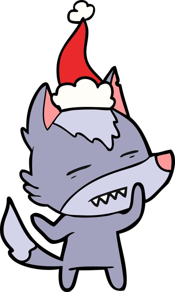 dessin au trait d'un loup montrant des dents portant un bonnet de noel vecteur