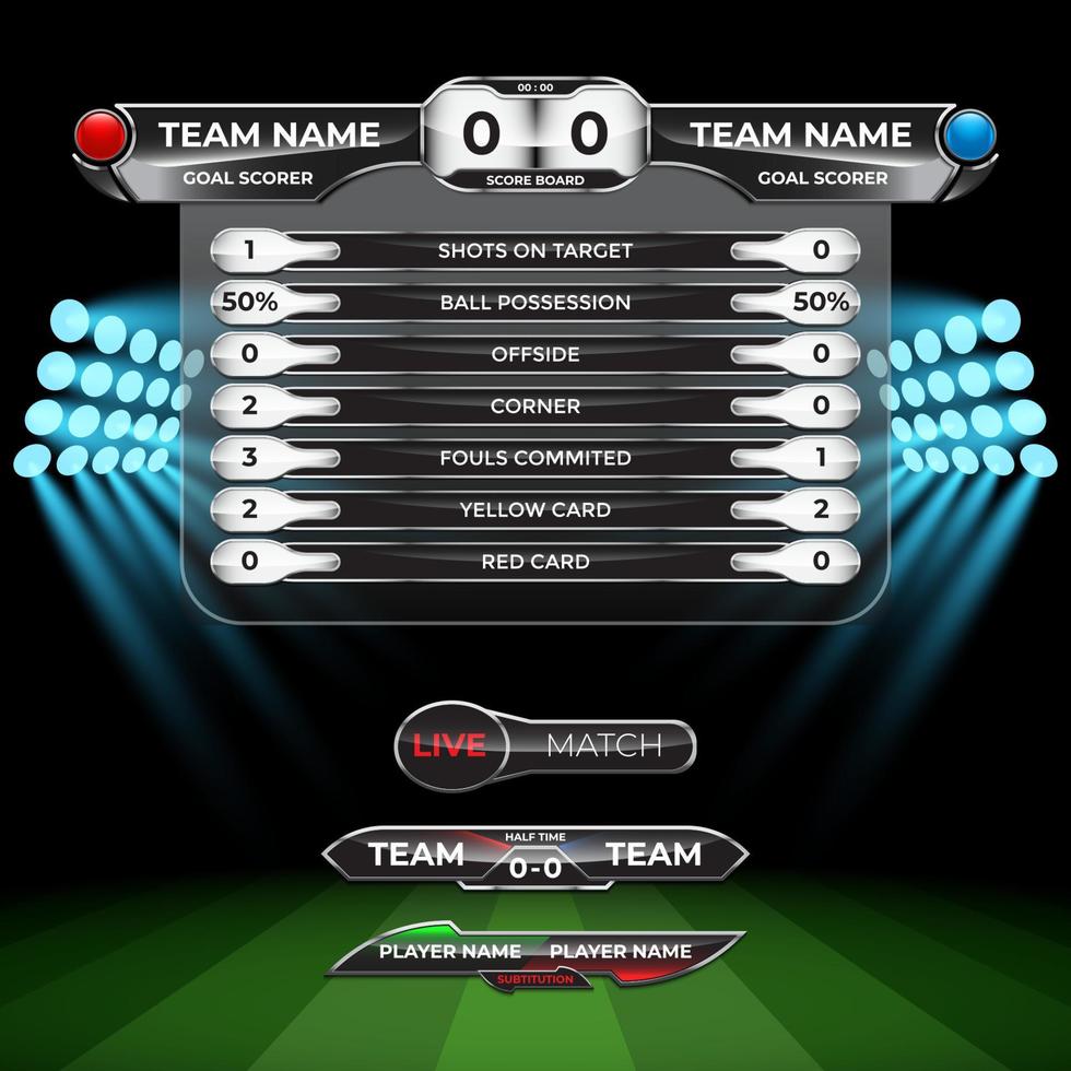 statistique de diffusion du tableau de bord pour le tournoi mondial de la ligue de football de football avec fond de stade vecteur