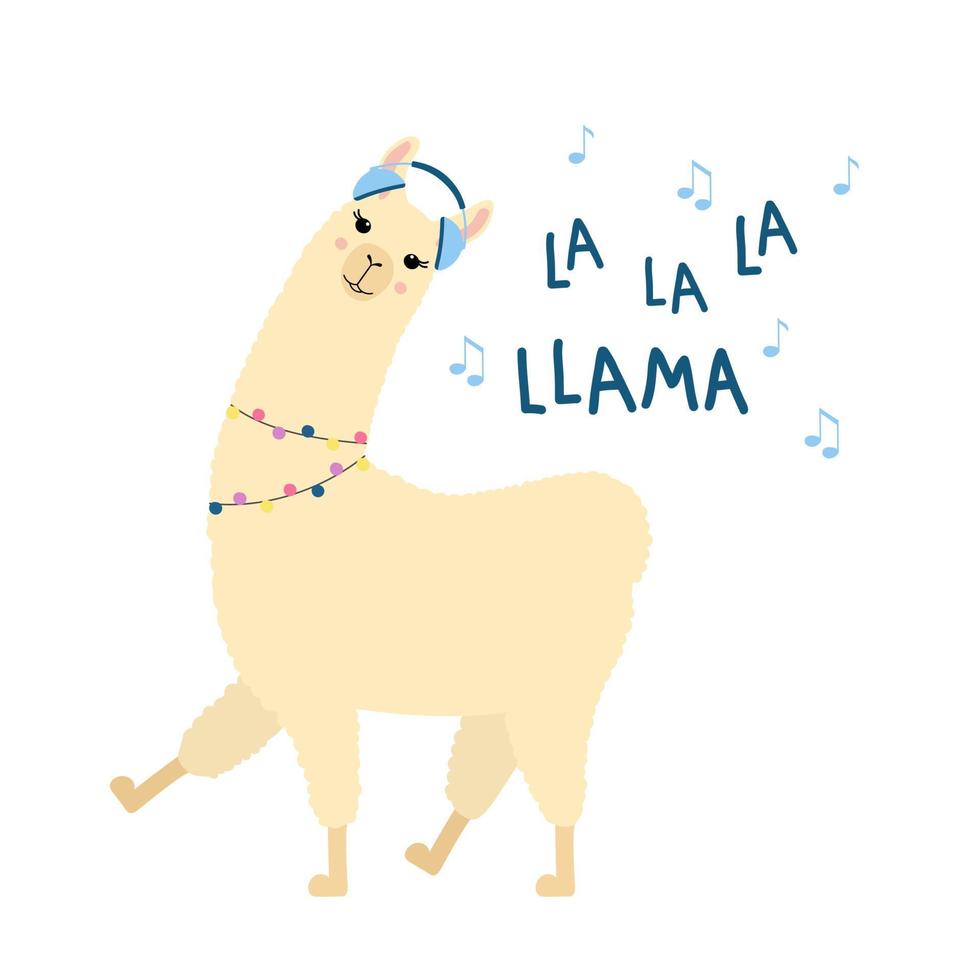 mignon lama marchant. alpaga de dessin animé avec écouteurs et notes de musique. modèle pour la conception de pépinière, affiche, papeterie, impression de t-shirt vecteur