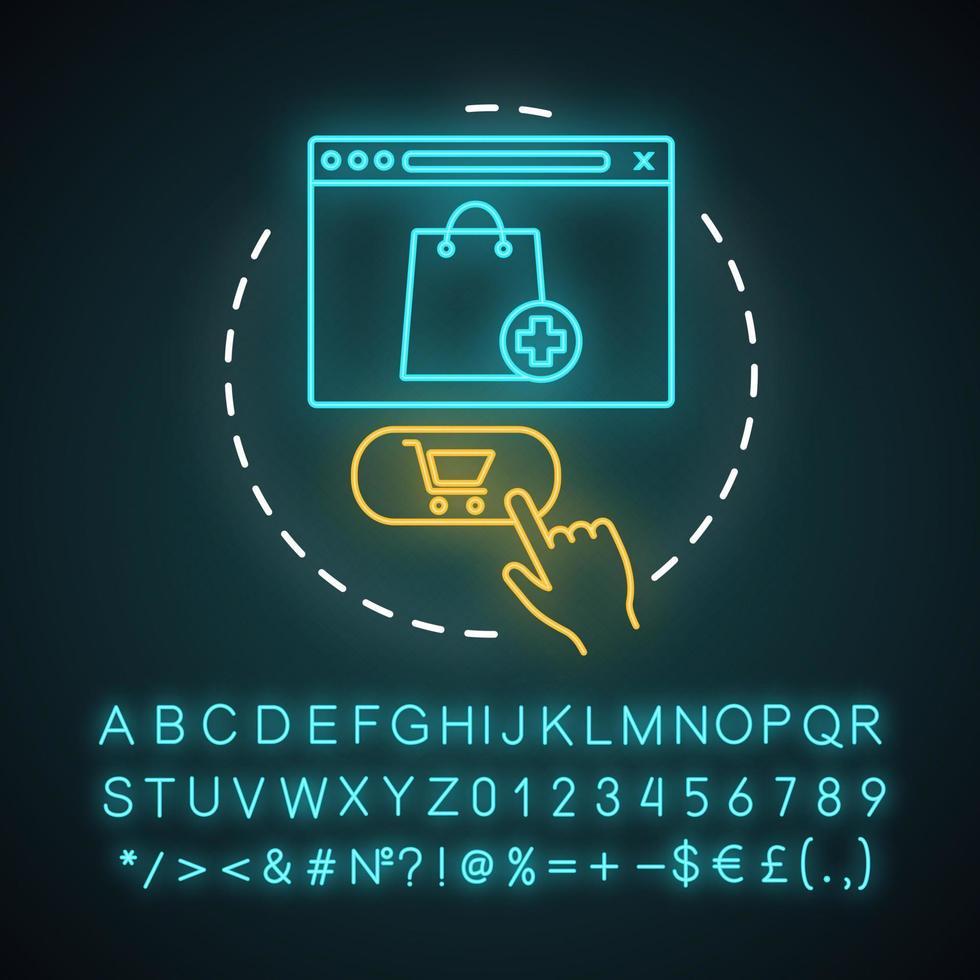 ajouter au panier icône de concept de lumière néon. shopping en ligne. marketing en ligne. vente au détail en ligne. sélectionner des éléments. passer une idée de commande. signe lumineux avec alphabet, chiffres et symboles vecteur