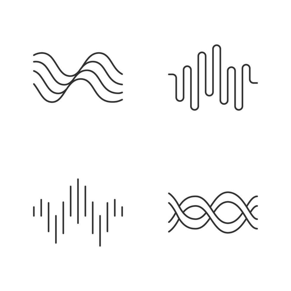 ensemble d'icônes linéaires d'ondes sonores. ondes sonores. son, enregistrement vocal. logotype de rythme musical. fréquence de la forme d'onde numérique. symboles de contour de ligne mince. illustrations vectorielles isolées. trait modifiable vecteur