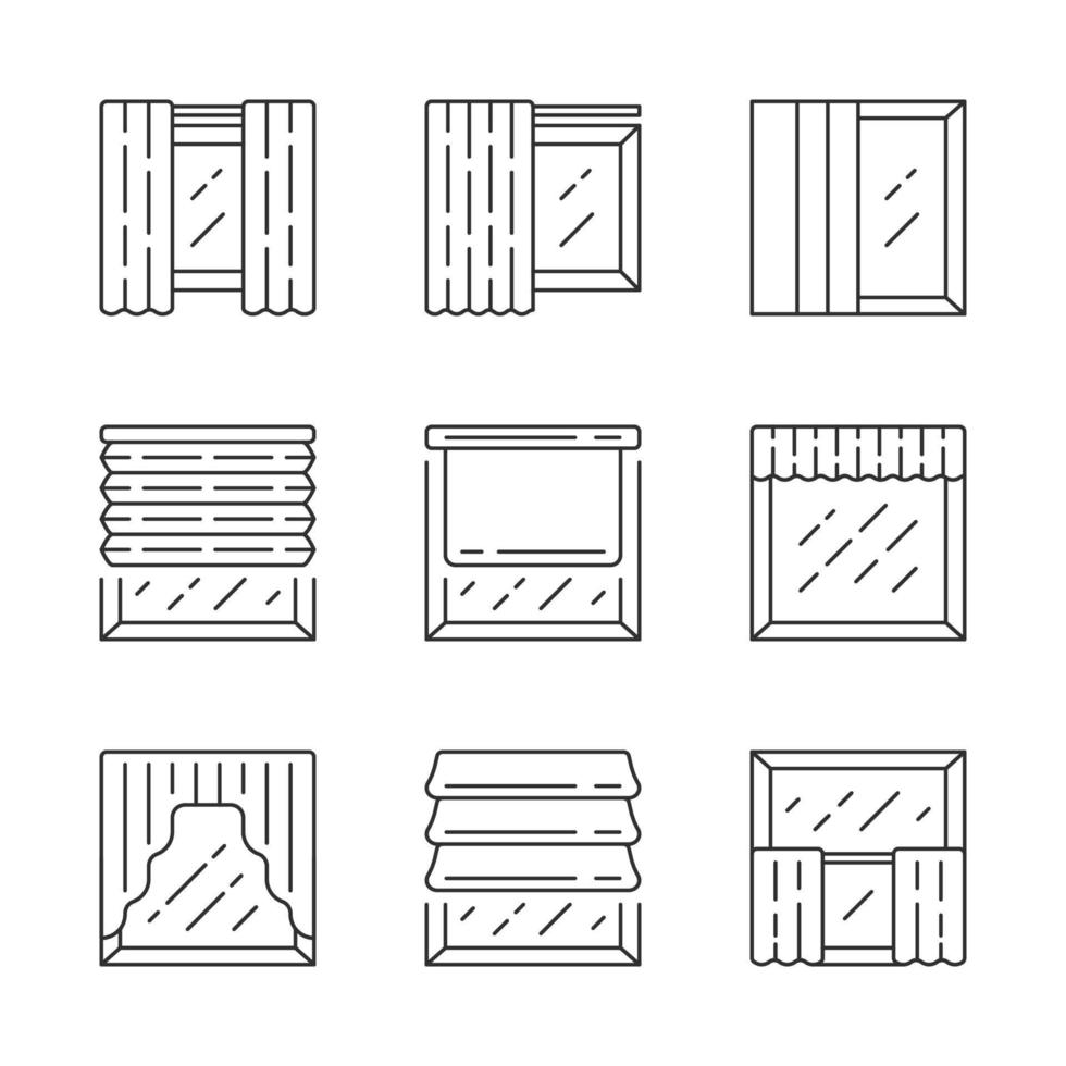 ensemble d'icônes linéaires de volets de fenêtre. oller, stores romains, panneau, guirlandes, cantonnière. jalousie motorisée. magasin d'intérieur de maison. symboles de contour de ligne mince. illustrations vectorielles isolées. trait modifiable vecteur