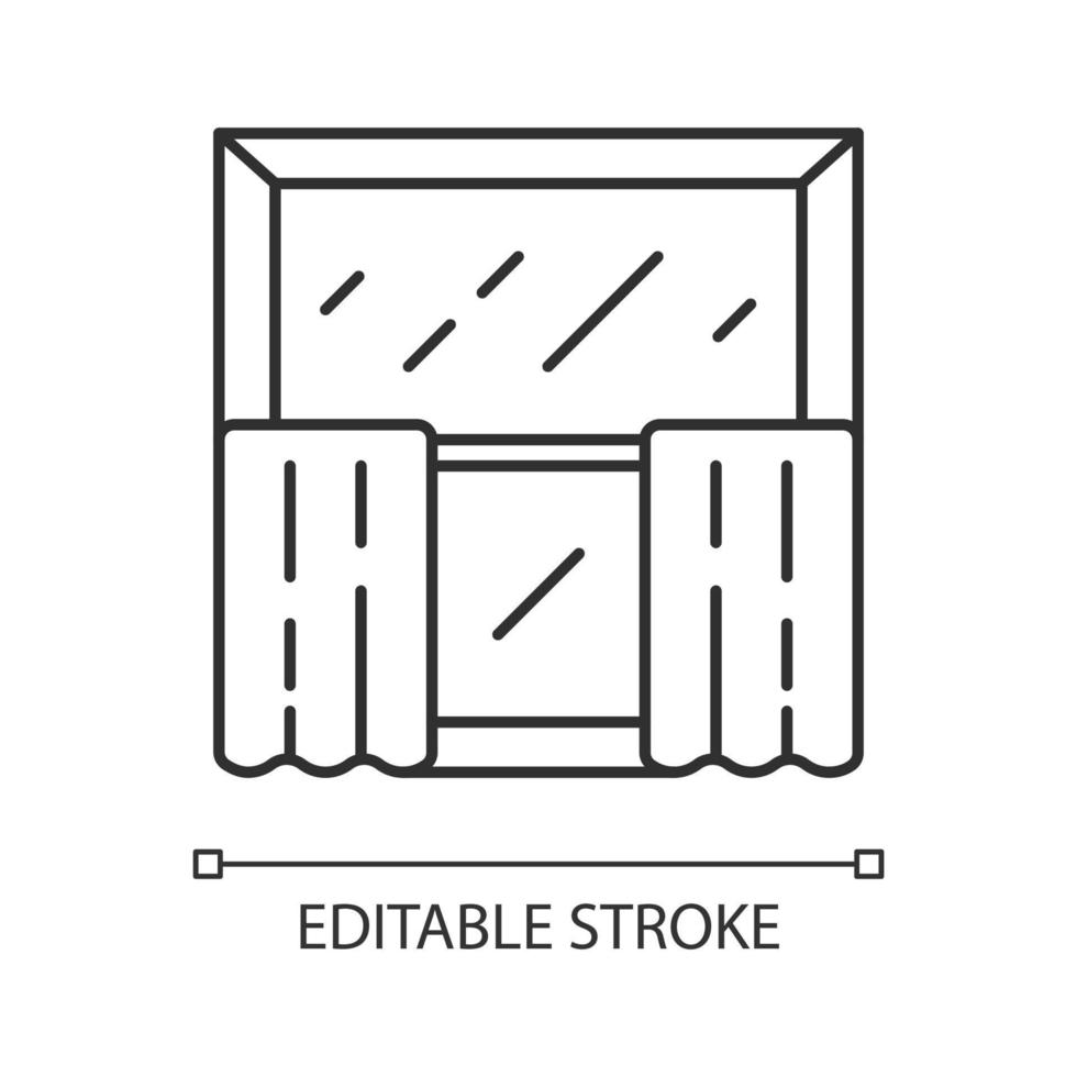 icône linéaire de rideaux de café. décor de cuisine. niveaux suspendus à des tringles à rideaux de café. parures de fenêtres, revêtements. illustration de la ligne mince. symbole de contour. dessin de contour isolé de vecteur. trait modifiable vecteur