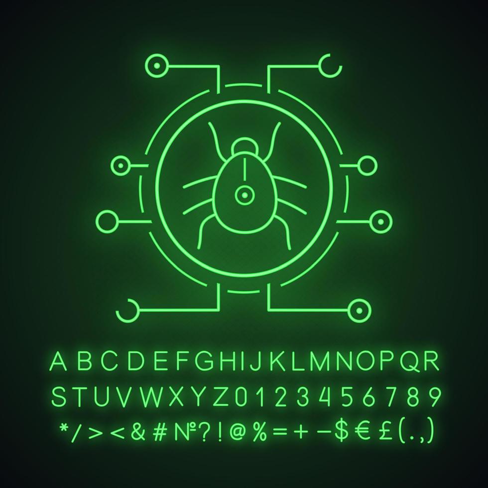 icône de néon de virus numérique. cyber-attaque. la cyber-sécurité. signe lumineux avec alphabet, chiffres et symboles. illustration vectorielle isolée vecteur