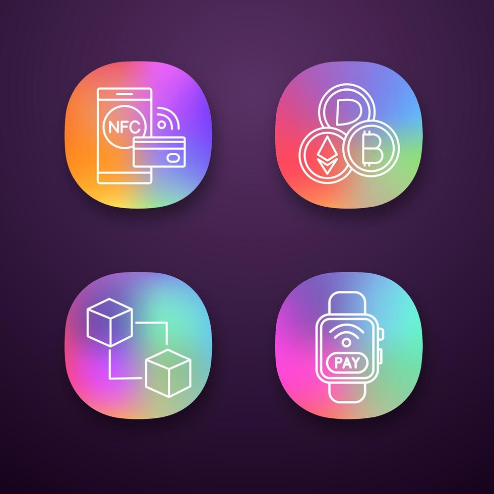 ensemble d'icônes d'application de paiement électronique. technologie nfc, crypto-monnaie, blockchain, paiement avec smartwatch. interface utilisateur ui ux. applications web ou mobiles. illustrations vectorielles isolées vecteur