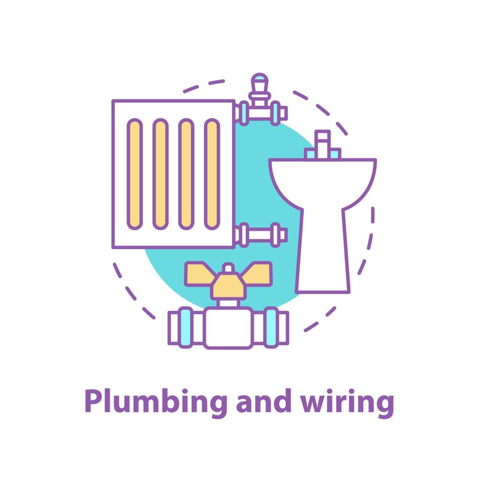 icône de concept de plomberie et de câblage. illustration de fine ligne d'idée d'équipement sanitaire. radiateur, lavabo, vanne de plomberie. idée de conception illustration de ligne mince vecteur