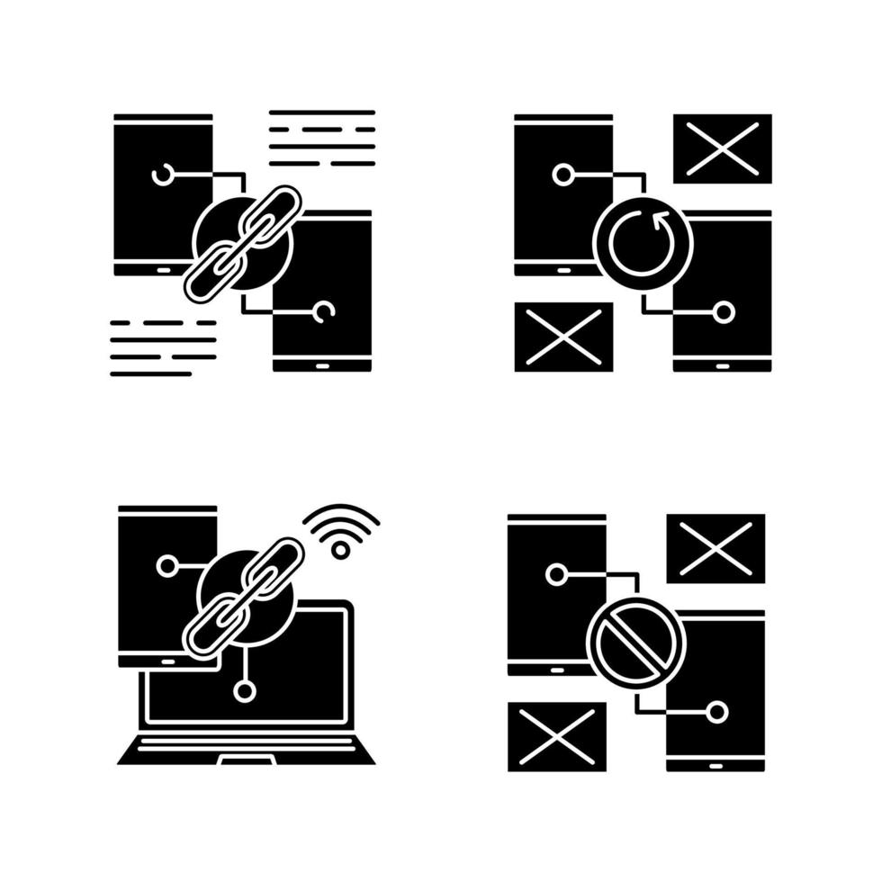 le smartphone affiche le jeu d'icônes de glyphe. partage de lien, erreur de connexion et de synchronisation. symboles de silhouettes. illustration vectorielle isolée vecteur