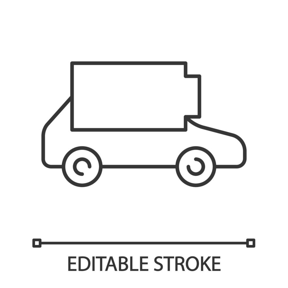 icône linéaire de voiture électrique déchargée. batterie faible de l'automobile écologique. illustration de la ligne mince. indicateur de niveau de batterie automatique vide. symbole de contour. dessin de contour isolé de vecteur. trait modifiable vecteur