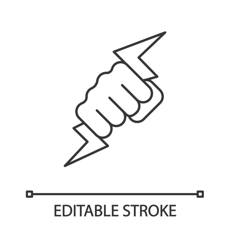 main tenant l'icône linéaire de l'éclair. poing puissant. illustration de la ligne mince. énergie électrique. main de Zeus. symbole de contour. dessin de contour isolé de vecteur. trait modifiable vecteur