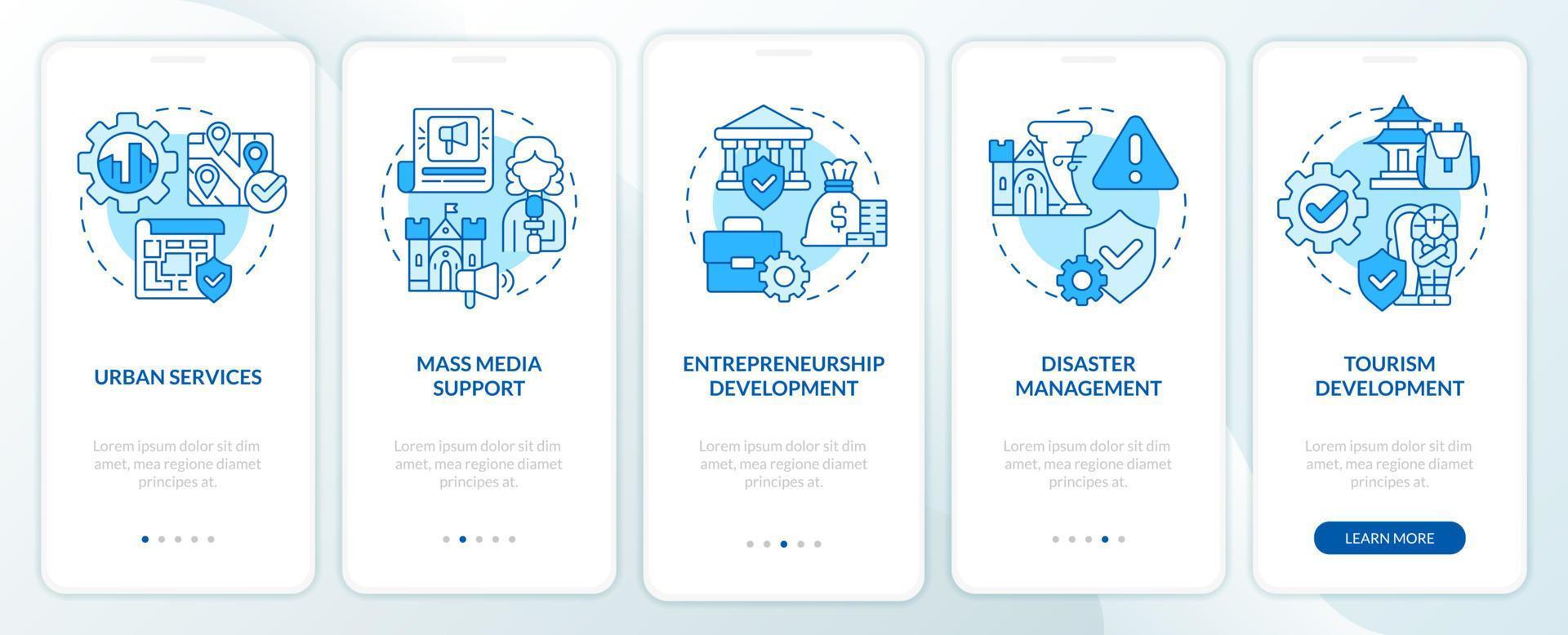 écran d'application mobile d'intégration bleu des activités de développement. pages d'instructions graphiques en 5 étapes de la procédure pas à pas du patrimoine avec des concepts linéaires. ui, ux, modèle d'interface graphique. vecteur