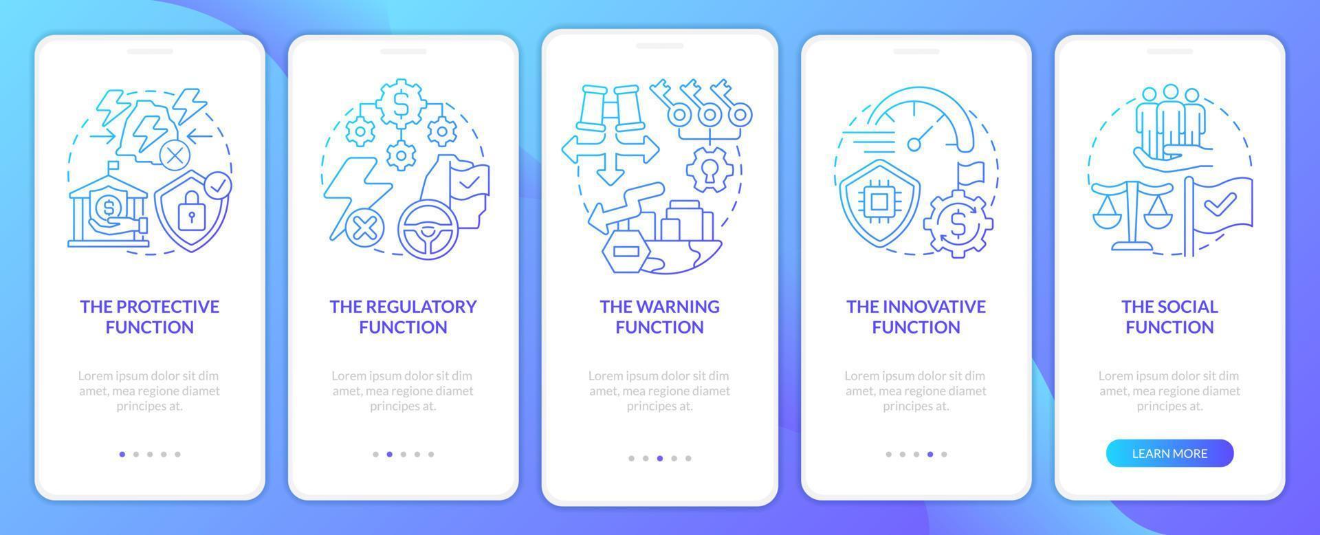 fonctions de l'écran de l'application mobile d'intégration de gradient bleu de sécurité économique. pas à pas en 5 étapes pages d'instructions graphiques avec des concepts linéaires. ui, ux, modèle d'interface graphique. vecteur