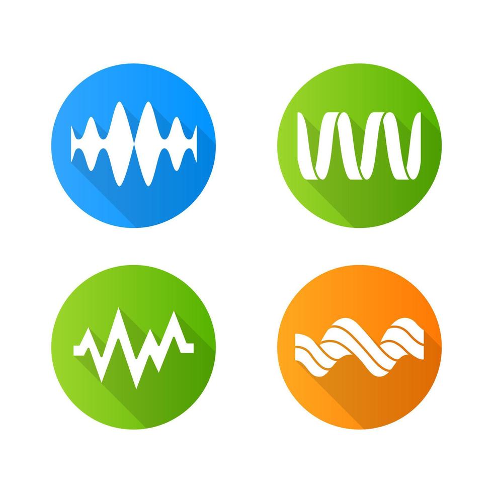 ensemble d'icônes de glyphe d'ombre longue de conception plate d'ondes sonores. ondes sonores. fréquence musicale. ligne vocale, ondes sonores qui se chevauchent. forme d'onde numérique abstraite. rythme cardiaque, pouls. illustration vectorielle silhouette vecteur