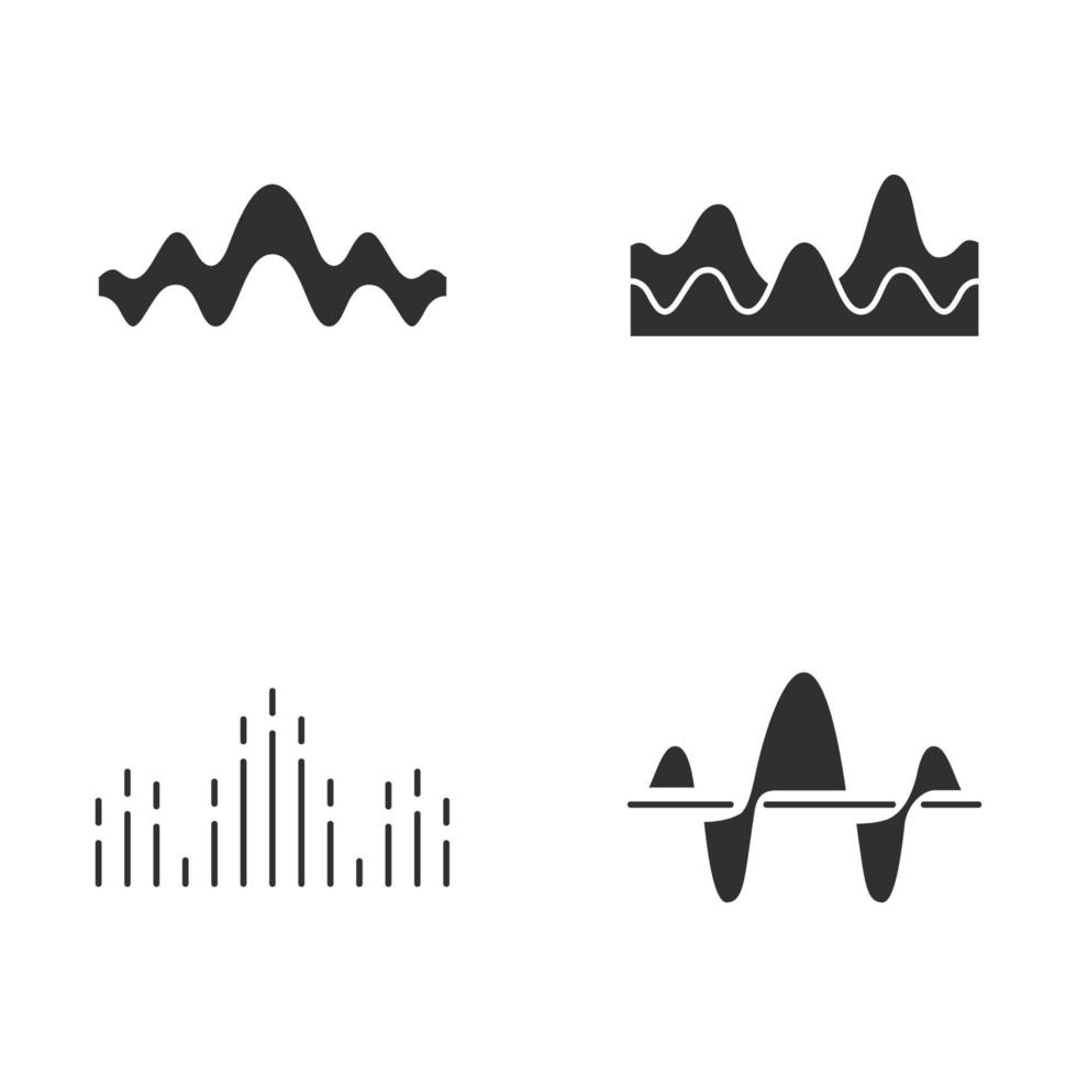 ensemble d'icônes de glyphe d'ondes sonores. symboles de silhouettes. bruit, fréquence de vibration. volume, lignes ondulées au niveau de l'égaliseur. ondes musicales, rythme. logotype des ondes sonores de la courbe numérique. illustration vectorielle isolée vecteur