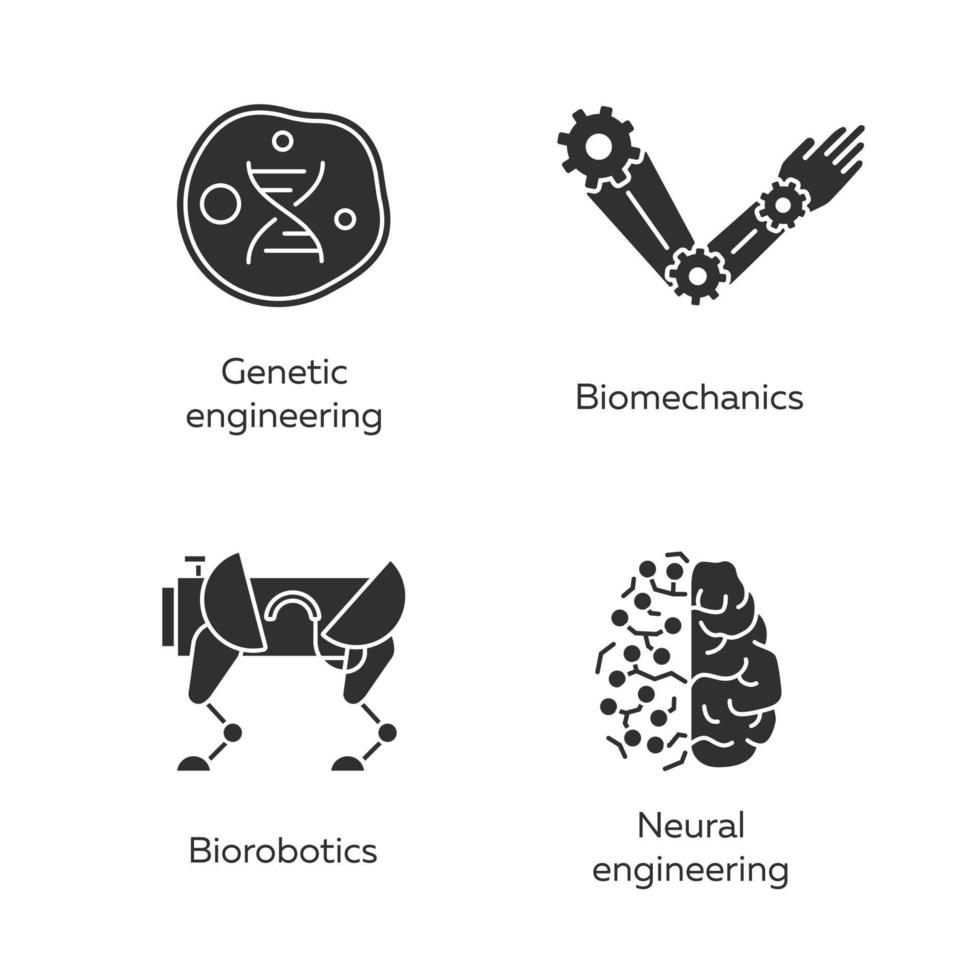 ensemble d'icônes de glyphe de bio-ingénierie. changer et créer des organismes. génie génétique, biomécanique, biorobotique, ingénierie neuronale. biotechnologie. symboles de silhouettes. illustration vectorielle isolée vecteur