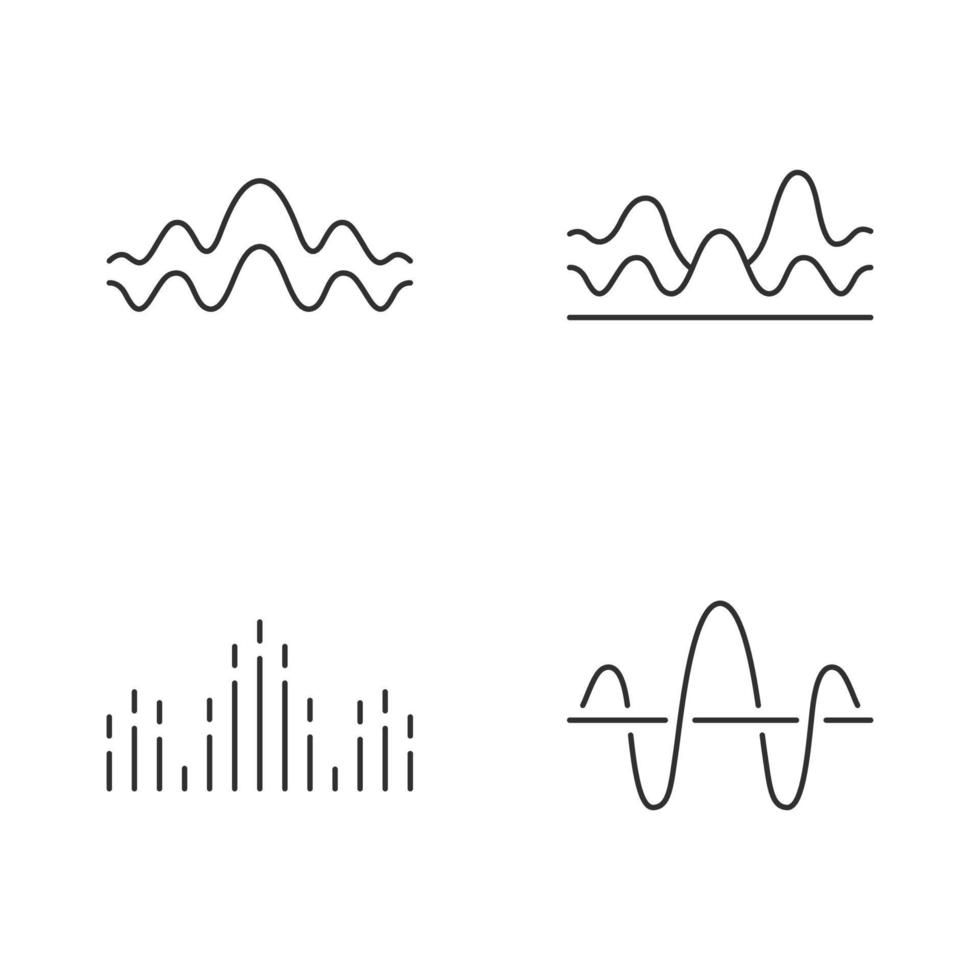 ensemble d'icônes linéaires d'ondes sonores. bruit, fréquence de vibration. volume, lignes ondulées au niveau de l'égaliseur. ondes musicales, rythme. symboles de contour de ligne mince. illustrations vectorielles isolées. trait modifiable vecteur