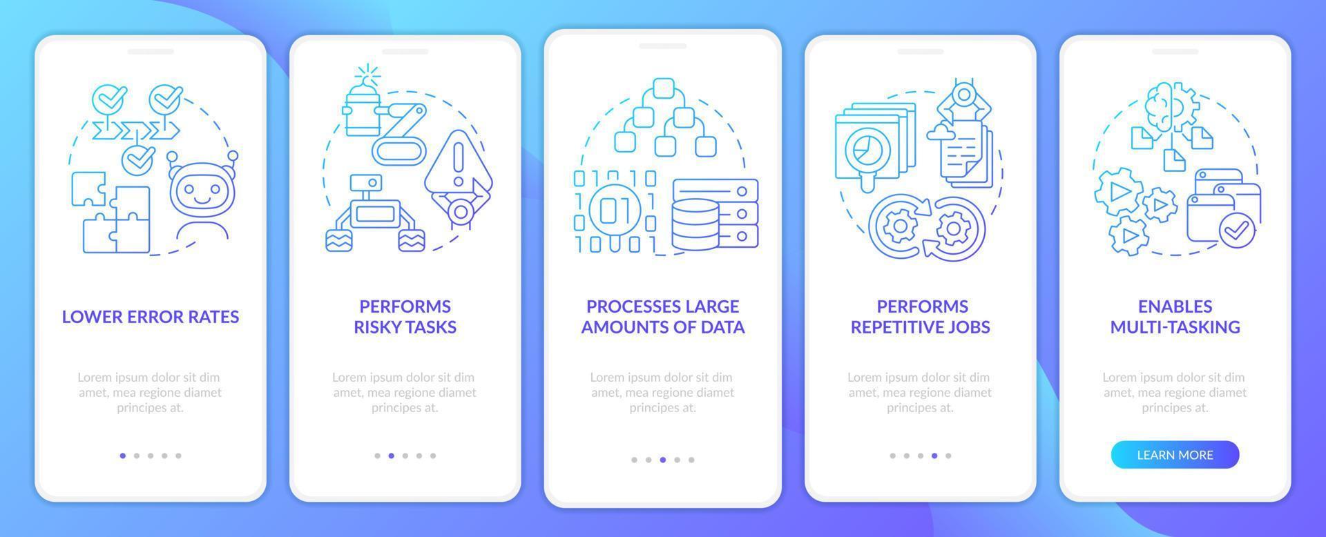 l'intelligence artificielle profite de l'écran de l'application mobile d'intégration du dégradé bleu. pages d'instructions en 5 étapes avec des concepts linéaires. ui, ux, modèle d'interface graphique. vecteur