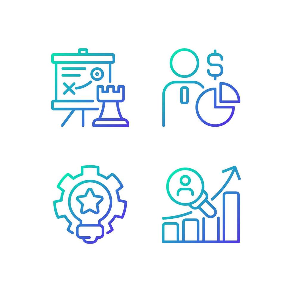 ensemble d'icônes vectorielles linéaires dégradées de formule commerciale réussie. tactiques de commercialisation. stratégie lucrative. ensemble de conceptions de symboles de contour de ligne mince. collection d'illustrations de contour isolé vecteur