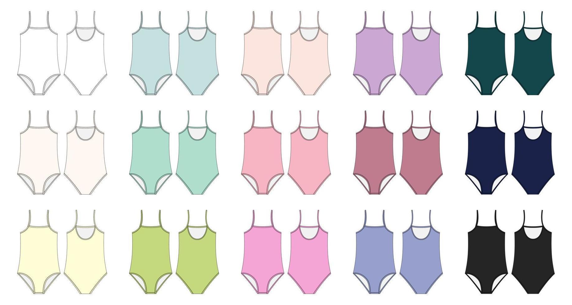 ensemble de croquis techniques de maillot de bain de couleur différente. collection de vêtements de natation pour femmes. vecteur